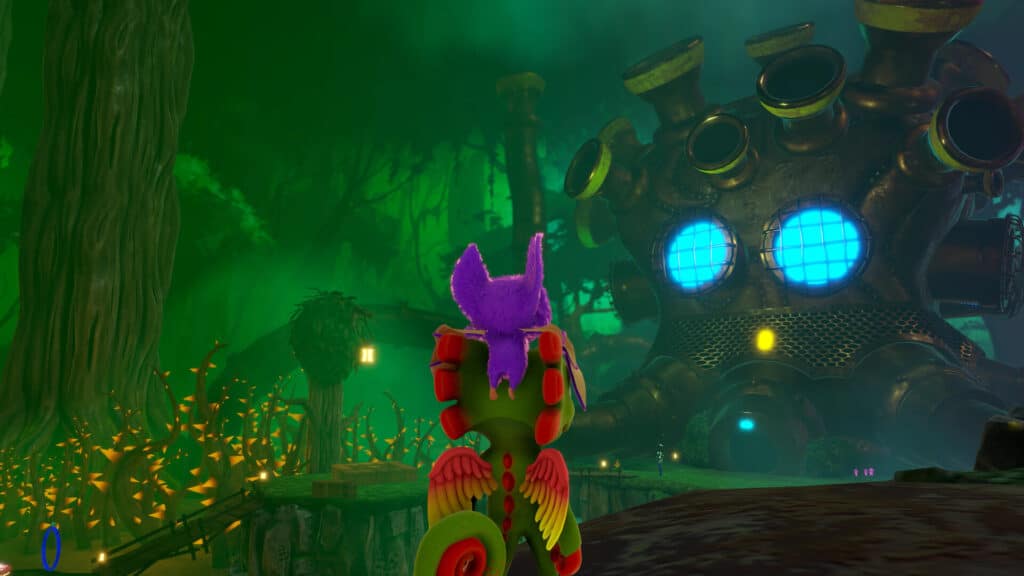 A colorful lizard and bat duo, known as Yooka-Replaylee, face a glowing, mechanical building in a vibrant, green forest.