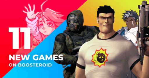 Four video game characters with text: "11 New Games on Boosteroid" on a colorful background.