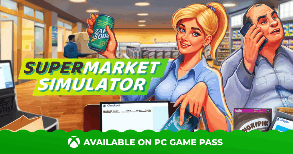 Smiling cashier holds a soda can in a supermarket scene for "Supermarket Simulator" game promotion.