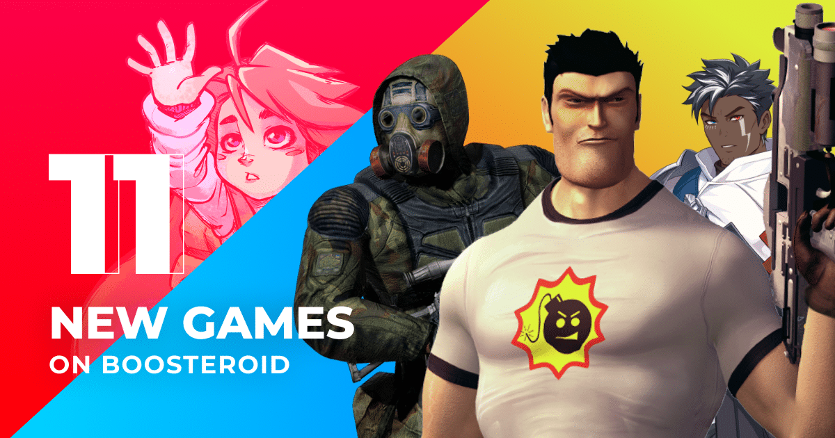 Four video game characters with text: "11 New Games on Boosteroid" on a colorful background.