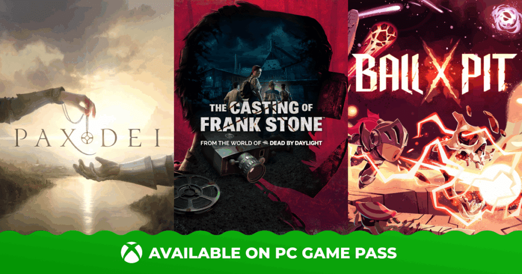 Three video game covers with the text "Available on PC Game Pass" at the bottom.