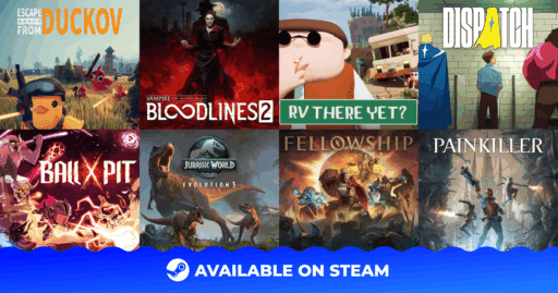 Collage of eight game covers with the text "Available on Steam" and Steam logo at the bottom.