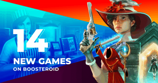 Colorful promo image with "14 new games on Boosteroid" text and various video game characters in the background.