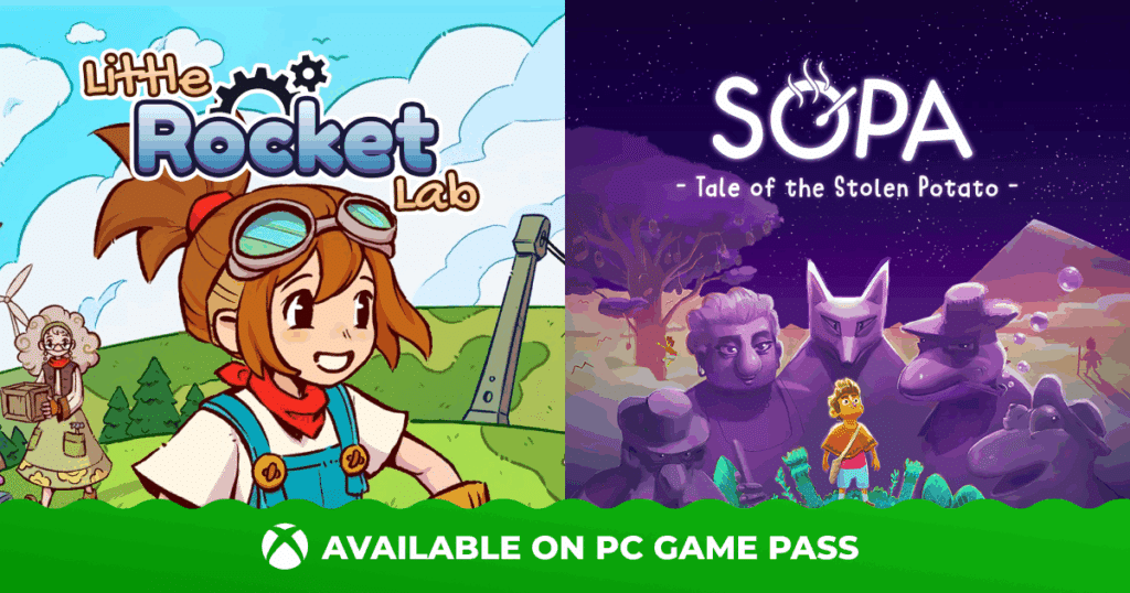 Split-screen of "Little Rocket Lab" and "Sopa" game covers, with Xbox Game Pass logo and text below.