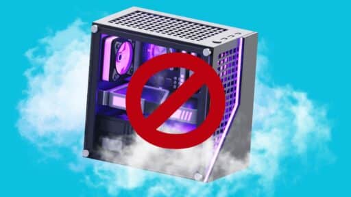 A PC with a red prohibition sign over it, surrounded by clouds on a blue background, symbolizes restricted access to Cloud Gaming Virtual Machines.