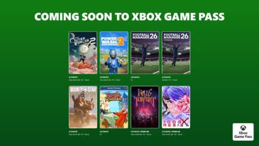 Green graphic with covers of eight upcoming Xbox Game Pass games and the text "COMING SOON TO XBOX GAME PASS.