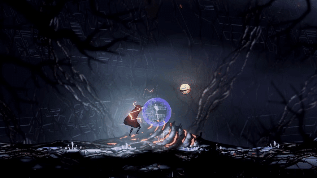 A dark and atmospheric scene from Shadow Labyrinth, featuring Swordsman Number 8 interacting with a glowing orb in a desolate environment filled with twisted branches and digital patterns.