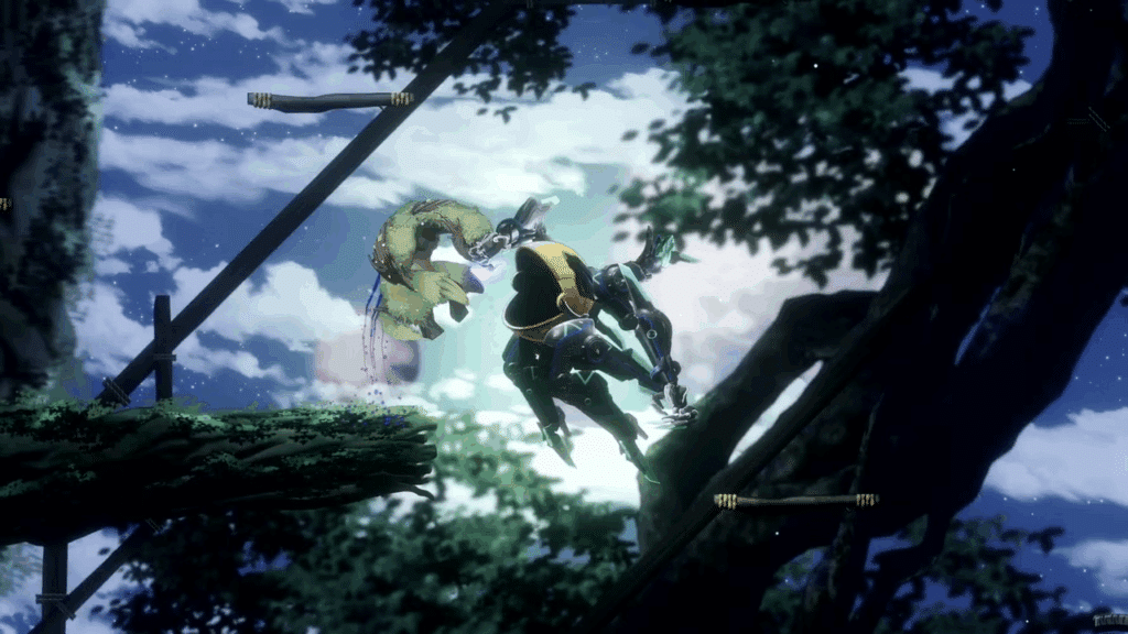 A character in a dark, atmospheric environment jumps to attack an enemy while navigating a platforming scene in Shadow Labyrinth.