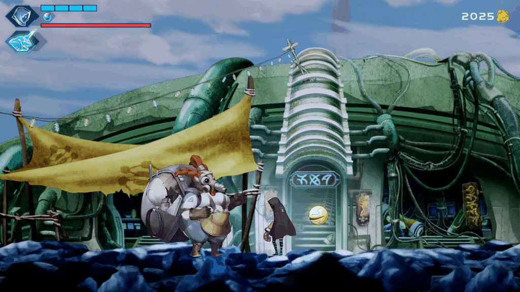 A scene from the game Shadow Labyrinth, featuring Swordsman Number 8 interacting with a character in a dystopian environment, with a green building in the background and a yellow banner overhead.