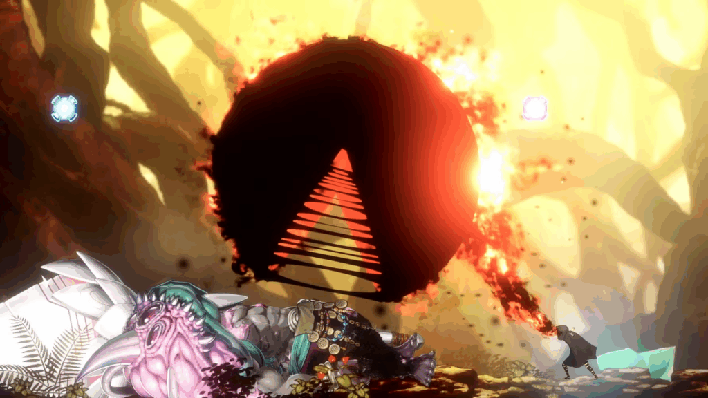 A shadowy landscape featuring a large, dark circular portal with a glowing light at the center, surrounded by a chaotic, colorful scene that includes an ominous creature lying on the ground.