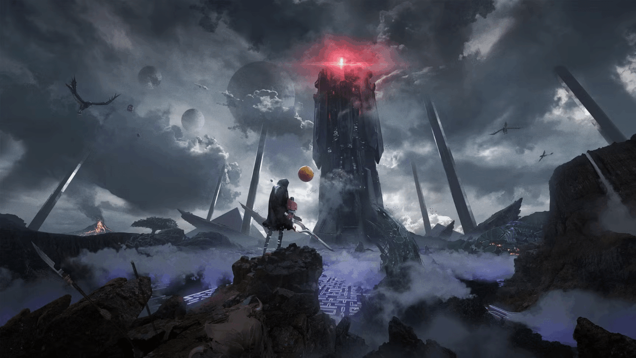 A lone figure faces a dark, glowing tower amid swirling clouds, mist, and distant flying creatures—an atmosphere reminiscent of a shadow labyrinth review.
