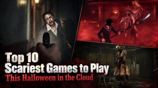 Collage featuring horror game scenes from Resident Evil Requiem, SILENT HILL f, and Dead by Daylight for Cloud Dosage’s Top 10 Scariest Games to Play This Halloween in the Cloud.
