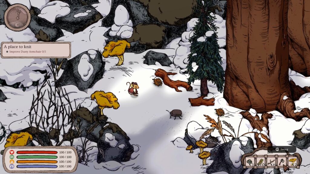Screenshot of the video game Winter Burrow. A small character stands in a snowy forest clearing surrounded by yellow plants, rocks, and trees.