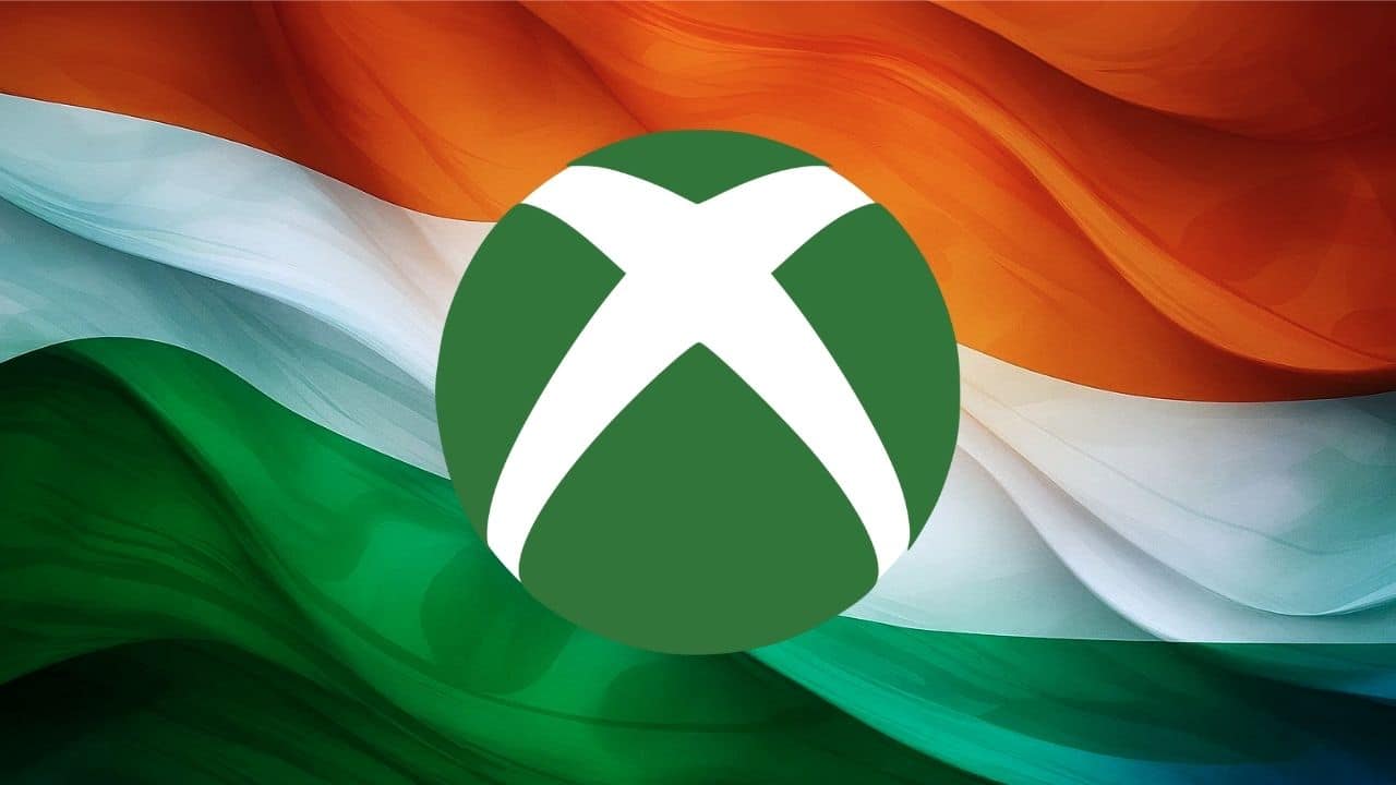 Xbox logo centered over an Indian flag with flowing orange, white, and green stripes in the background.