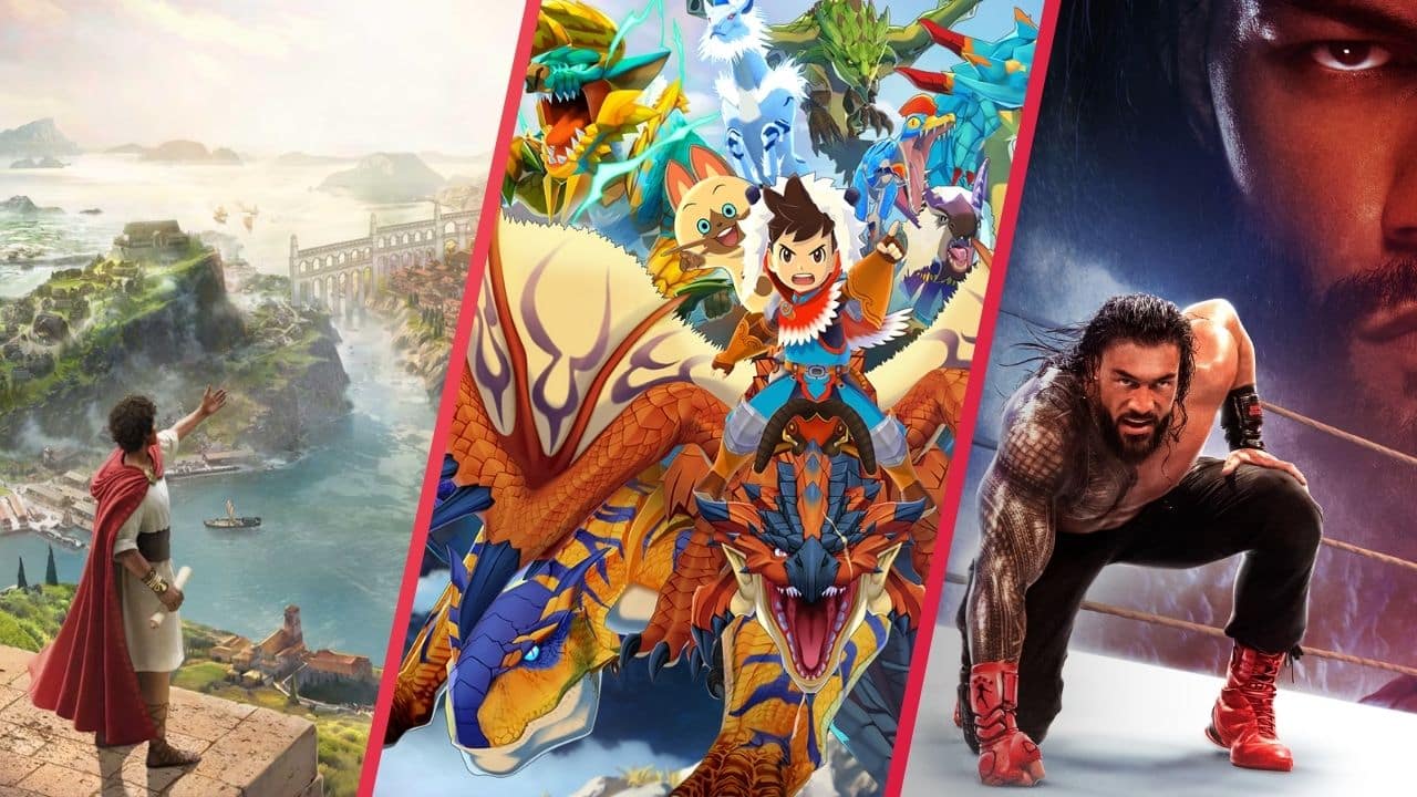 Three panels: ancient city scene, colorful animated dragon riders, and a wrestler in a ring close-up.