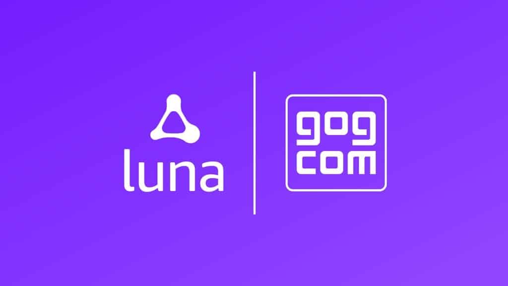 Logos of Luna and GOG.com side by side on a purple gradient background, highlighting Amazon Luna cloud gaming.