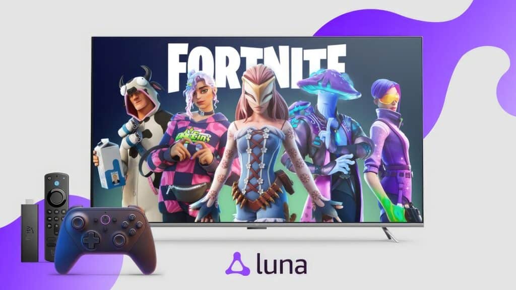 TV screen displaying Fortnite characters, with Luna logo, game controller, and streaming device in front—showcasing Amazon Luna cloud gaming in action.