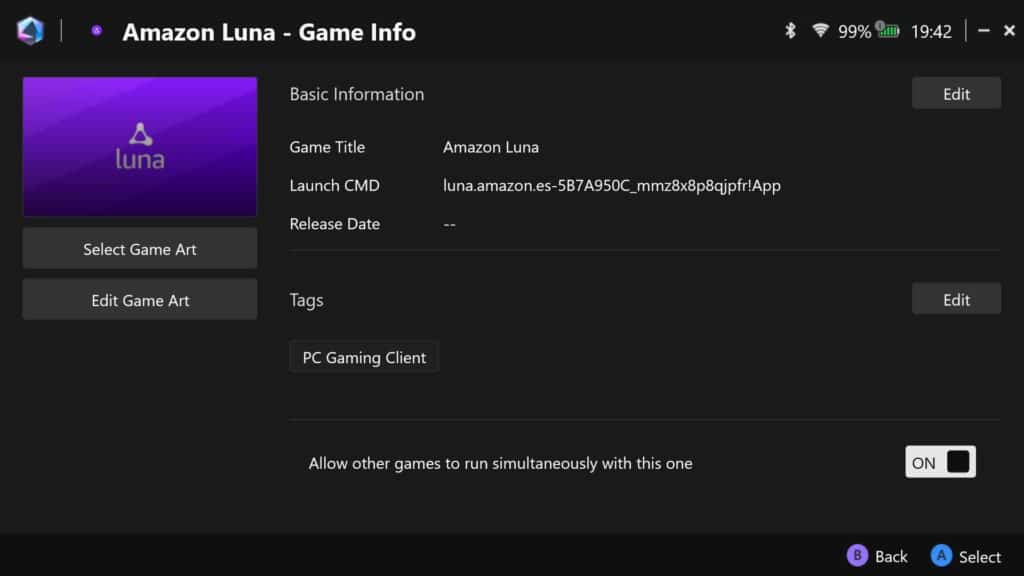 Amazon Luna game info screen showing basic details and options to edit, select art, and allow simultaneous games.
