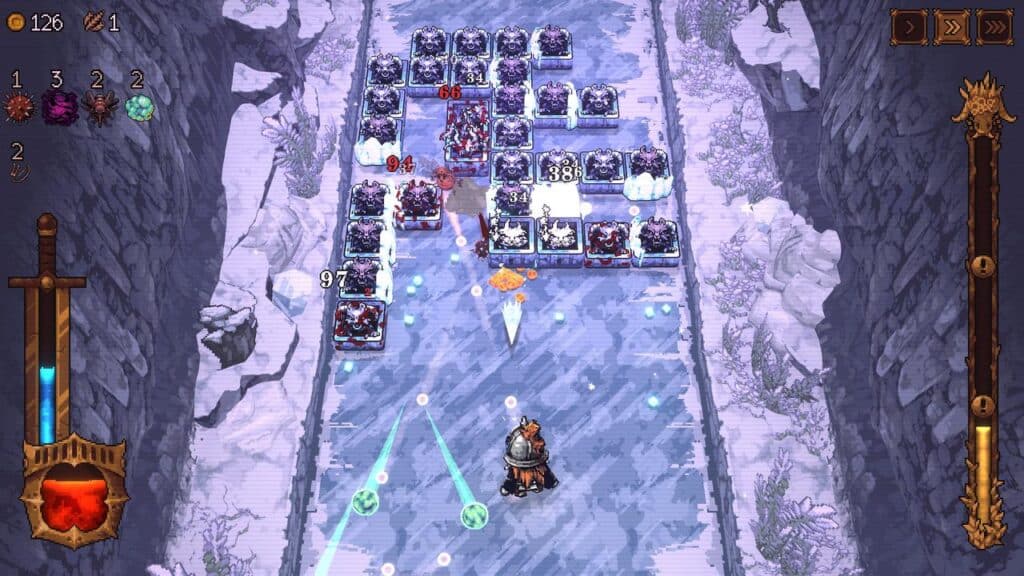 A knight shoots projectiles at rows of enemies in a snowy, top-down video game scene, offering action-packed fun that fans of Ball x Pit review style games will appreciate.