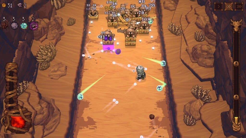 A fantasy game character battles enemies in a canyon, dodging projectiles and firing magic shots forward, offering thrilling gameplay reminiscent of the excitement found in a Ball x Pit review.