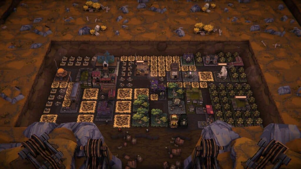 A top-down view of a detailed, grid-like underground farm with crops, trees, and various buildings—perfect for fans of Ball x Pit review style strategy games.