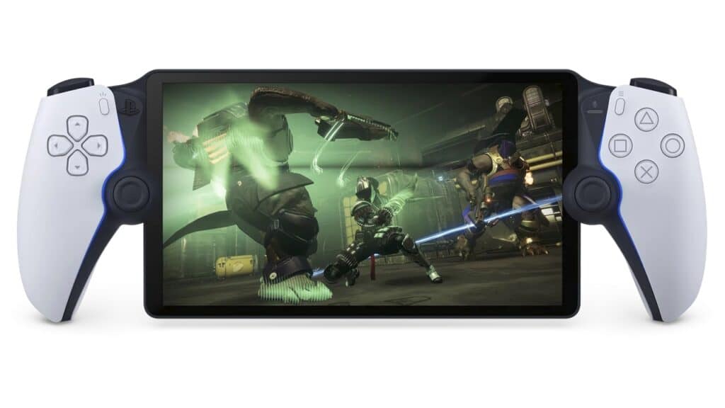 PlayStation Portal displays a sci-fi action game featuring sword-wielding characters, complemented by the best PlayStation Portal accessories for an enhanced experience.