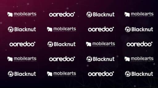 A grid of repeating logos—mobilearts, Ooredoo, and Blacknut cloud gaming Algeria—set against a dark gradient background.