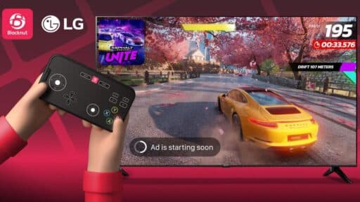 Hands using a smartphone as a controller to play Asphalt Legends Unite via Blacknut on an LG Smart TV, showing ad-supported gameplay.