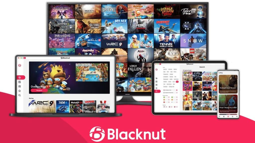 A TV, laptop, tablet, and phone display Blacknut’s cloud gaming platform with various game titles, highlighting Blacknut new games across all devices.