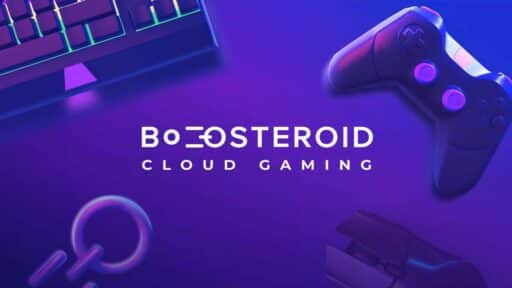 Purple background featuring "Boosteroid Cloud Gaming" text, with a keyboard, game controller, and mouse in the corners—plus support for Boosteroid Pix payments.