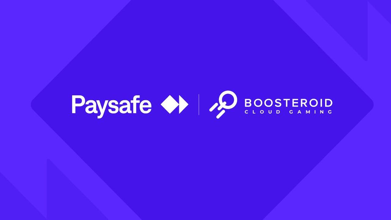 Paysafe and Boosteroid Cloud Gaming logos on a blue background with geometric shapes, highlighting Boosteroid Pix payments for seamless transactions.