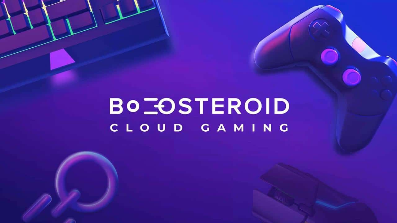 Purple background featuring "Boosteroid Cloud Gaming" text, with a keyboard, game controller, and mouse in the corners—plus support for Boosteroid Pix payments.