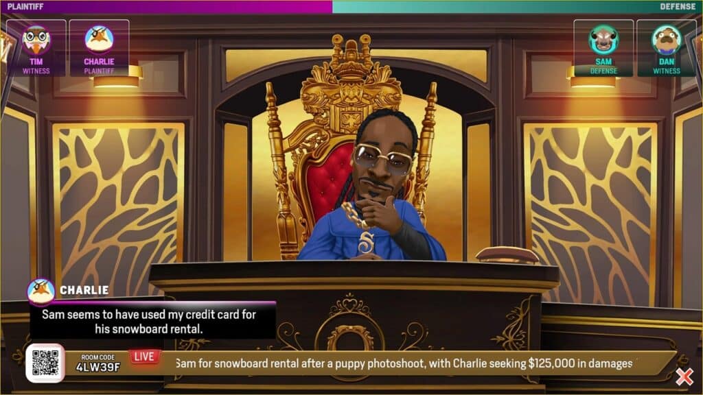 Snoop Dogg cartoon judge sits on a golden throne in a virtual courtroom, streaming animated witness testimonies as part of an Amazon Luna cloud gaming adventure.