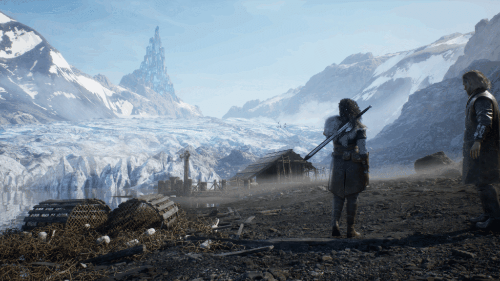 Two people stand near a snowy camp, facing mountains and a glacier with a tall, jagged peak in the distance—an epic scene that feels like something out of Echoes of the End.