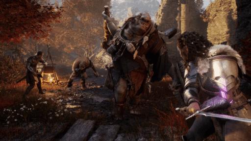 Amid ruins and autumn trees, a warrior stands ready to fight, sword drawn against a large ogre and two foes, as Echoes of the End linger in the air.