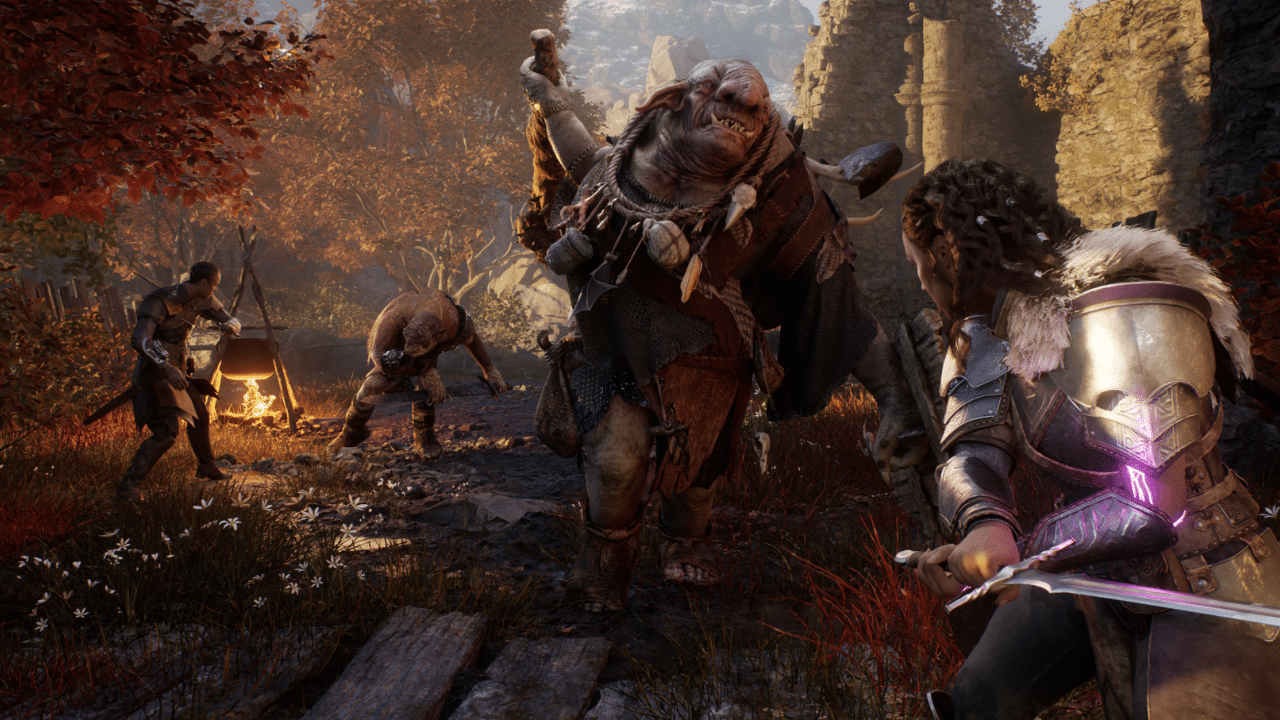 Amid ruins and autumn trees, a warrior stands ready to fight, sword drawn against a large ogre and two foes, as Echoes of the End linger in the air.