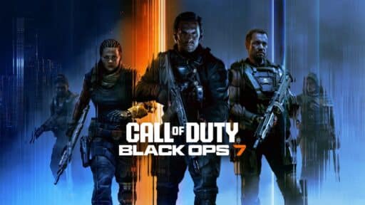 Four armed soldiers stand ready, divided by a glowing line, as the Call of Duty Black Ops 7 logo boldly appears in front.