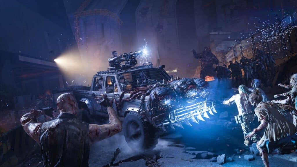 A weaponized truck plows through a horde of zombies in a dark, apocalyptic industrial setting, evoking the intense survival action of Call of Duty Black Ops 7.