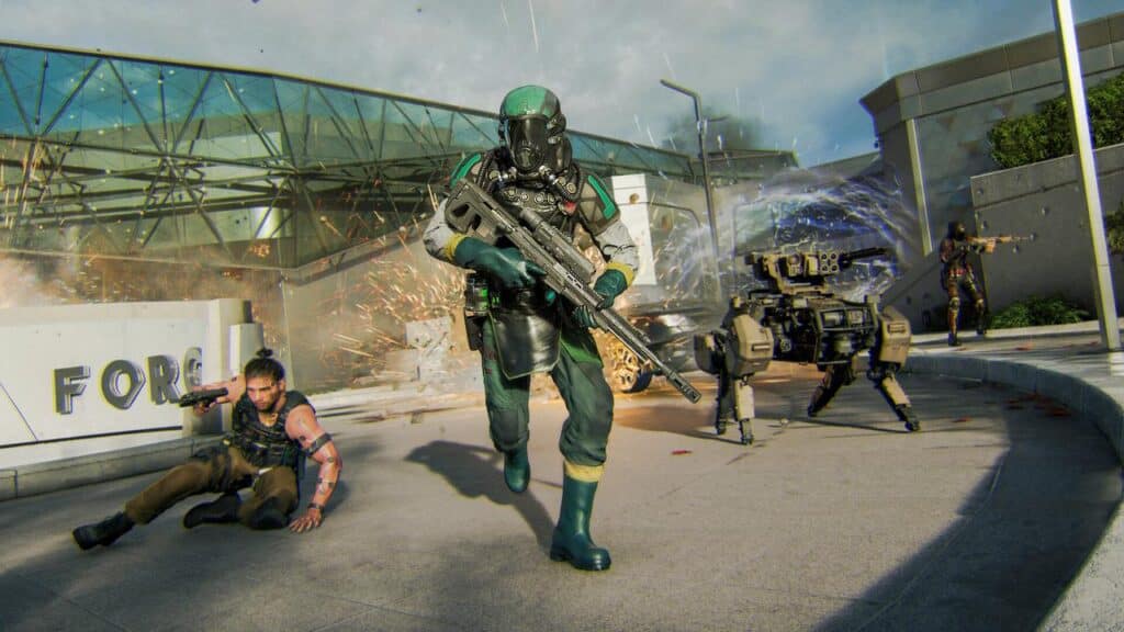A futuristic soldier with a large rifle runs as explosions erupt and robots fight in a modern city setting, echoing the intense action of Call of Duty Black Ops 7.