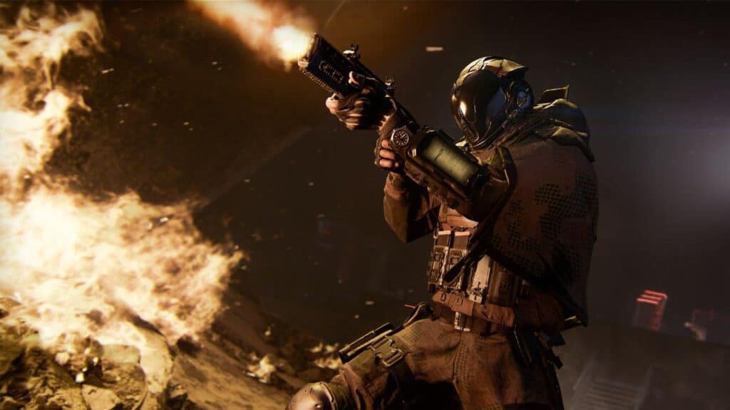 A futuristic armored soldier, inspired by Call of Duty Black Ops 7, fires a weapon amid flames and debris in a dark, intense battle scene.
