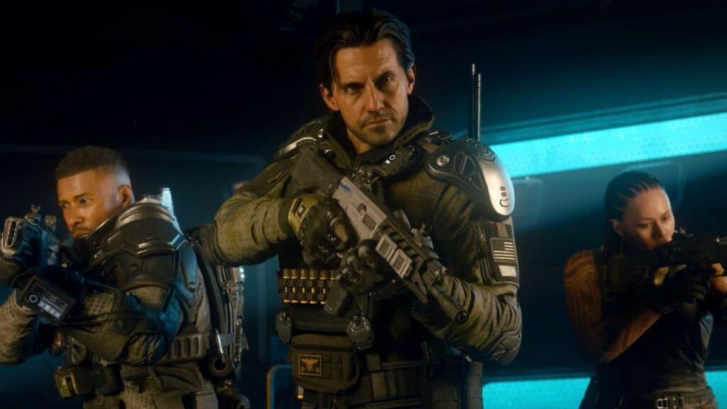 Three armed soldiers in futuristic armor stand alert, weapons raised, ready for action in a dimly lit, high-tech setting reminiscent of Call of Duty Black Ops 7.
