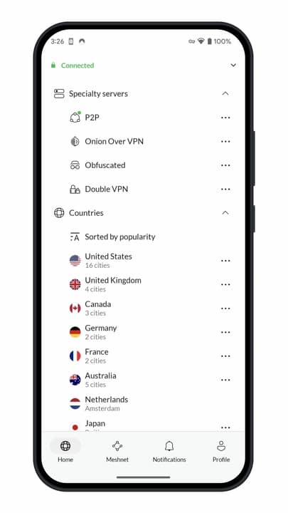 NordVPN mobile app displaying specialty servers like P2P, Double VPN, and global region list.