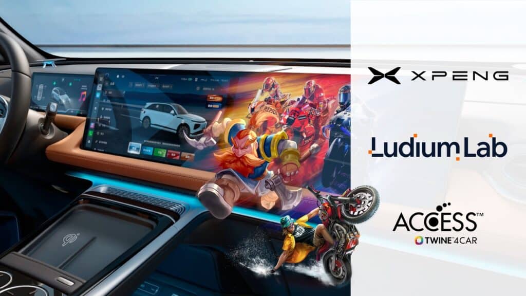 Car dashboard display showing a racing video game via cloud gaming Xplay, with XPENG, Ludium Lab, and ACCESS logos on the right side.