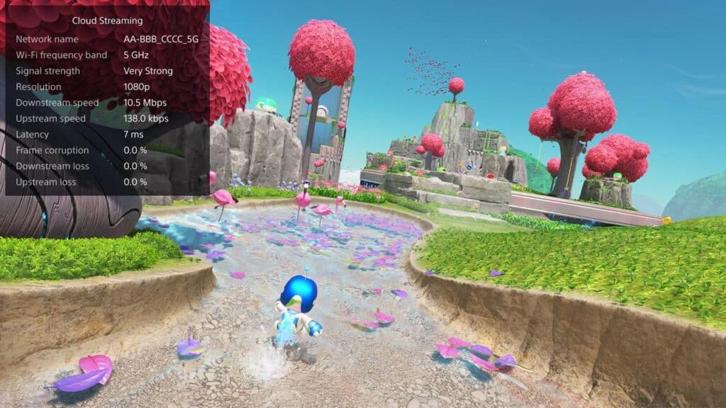 A vibrant video game scene with a blue character running in a colorful world, Wi-Fi stats overlayed on screen—perfect for showcasing PlayStation Portal cloud streaming in action.
