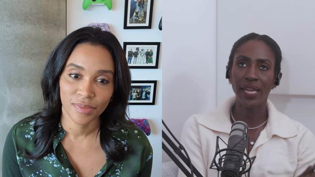 Two women talking in a split-screen video call, one with a microphone and both in different indoor settings, discuss the latest trends in Xbox cloud and handheld gaming.
