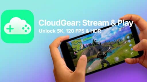 Hands holding a iphone with a game on screen; CloudGear: Stream & Play text and app icon displayed, showcasing seamless iOS cloud gaming.