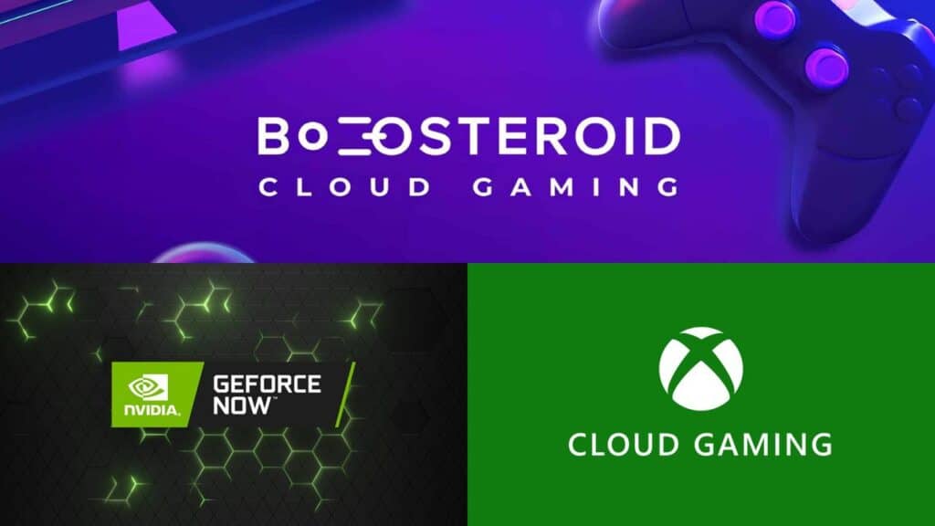 Three logos for cloud gaming services: Boosteroid, GeForce Now, and Xbox Cloud Gaming, all supporting iOS cloud gaming and made better with CloudGear.