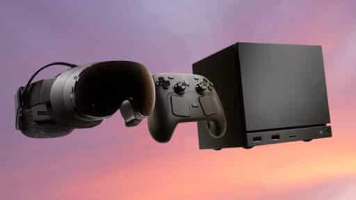 A VR headset, gaming controller, and console floating against a pink and purple sunset sky.