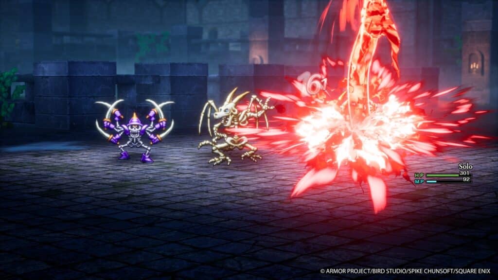 A Dragon Quest I & II HD-2D Remake video game battle scene with two monsters and a character attacking with a red energy blast.