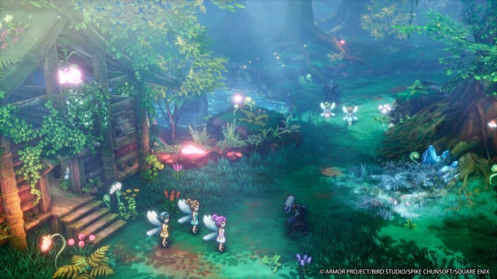 A group of fairy-like characters stand near a glowing cottage in a magical forest with vibrant plants and lights, reminiscent of the enchanting style seen in the Dragon Quest I & II HD-2D Remake.